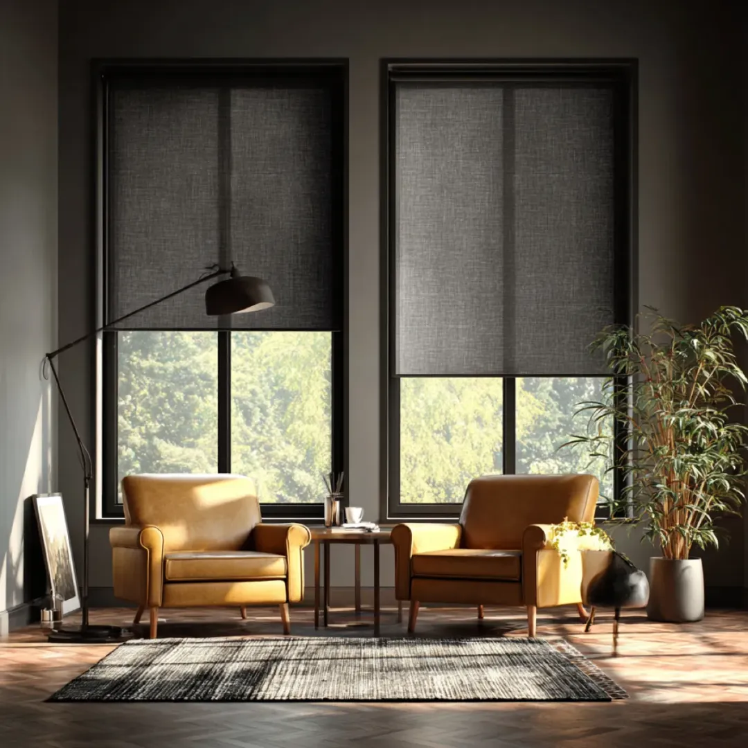 Neutral roller shades in a bright interior